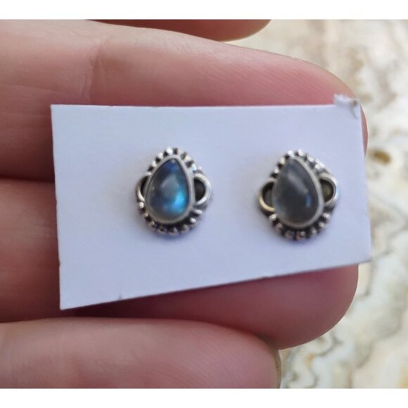 Sterling Silver Labradorite Stud Earrings Teardrop Dainty Elegant Boho 1/2" - Picture 2 of 5